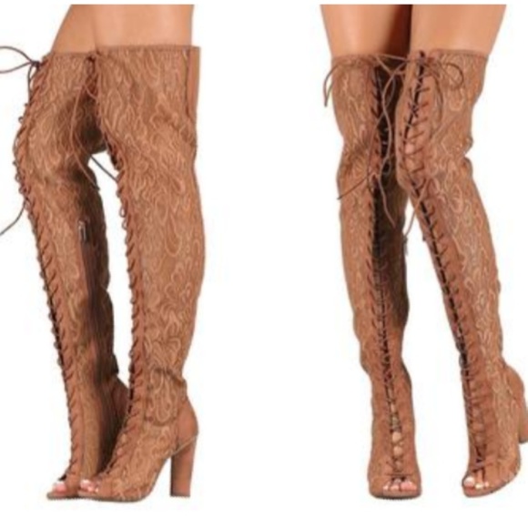 Shoes - Tan thigh high lace up boots